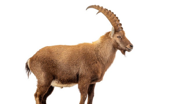 Magnificent Alpine ibex with long curved horns standing in profile, a robust mountain goat