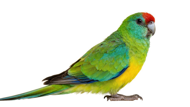 Vibrant red-capped parrot with bright green and yellow feathers standing looking aside