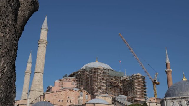 Hagia Sophia Mosque Under Renovation with Large Metal Scaffolding