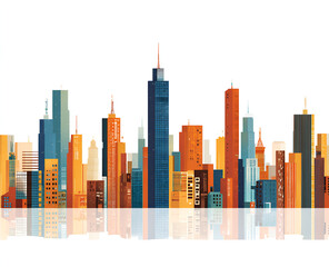 Obraz premium A vibrant, stylized illustration of a city skyline with buildings of varying heights and colors, reflected in the water