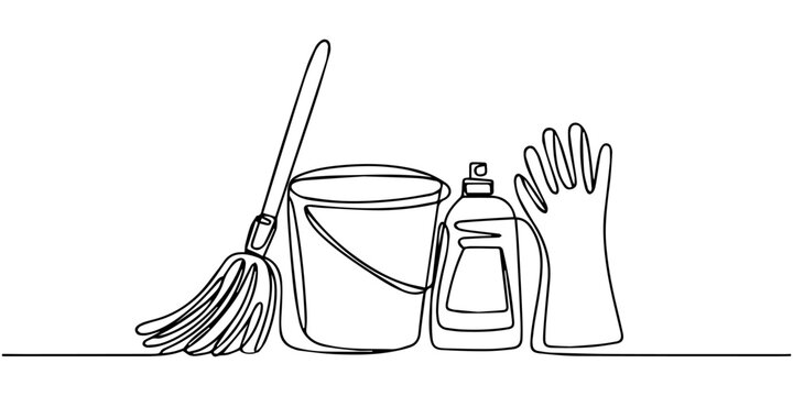Continuous one line drawing of Cleaning sevice tools. Single line drawing illustration, Cleaning tools mop, bucket, detergent, gloves. One continuous line art drawing banner, poster, background