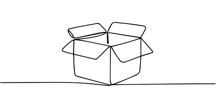 Wrapped parcel tied with string on white continuous line, Open paper box continuous one line drawing minimalist style vector illustration, Continuous one line drawing of a presentation box, minimalist