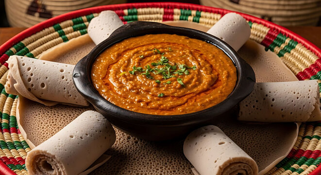 Ethiopian lentil stew, known as Misir Wot, is served with rolled injera bread on a traditional woven basket, showcasing.