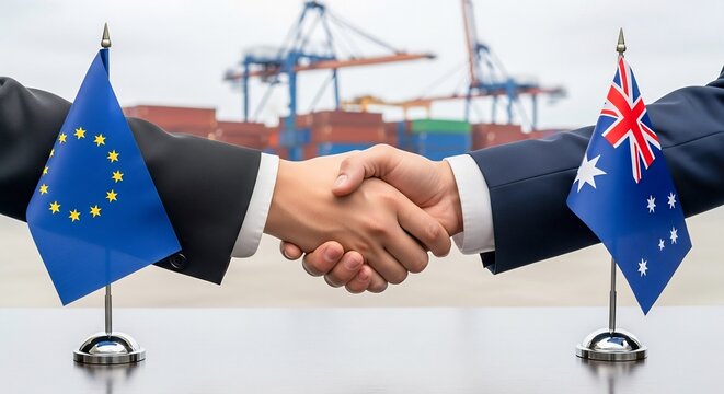 EU Australia Handshake with Flags, Business Partnership, Trade Deal, FTA
