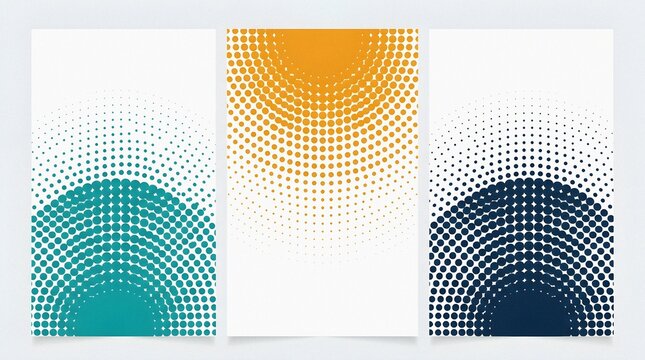 Set of three colorful halftone circular dot pattern backgrounds on white.
