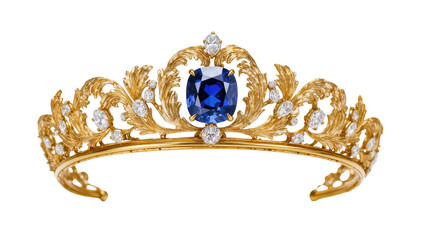 Elegant gold tiara featuring a magnificent blue sapphire and sparkling diamonds © Isolde