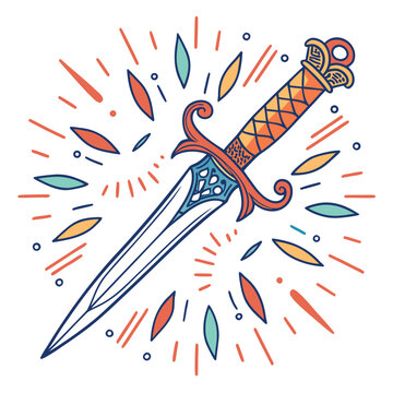 Vintage dagger vector illustration, ornate medieval short sword with decorative hilt, antique blade with colorful sunburst rays and geometric elements