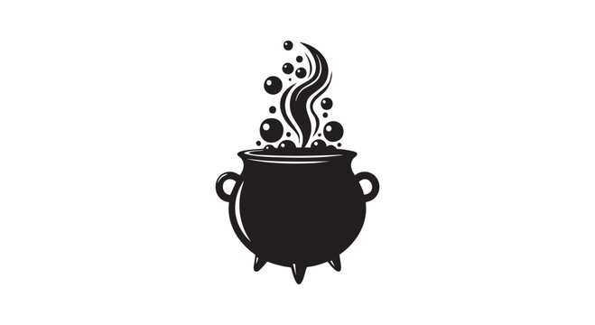 A black silhouette of a cauldron with steam rising from it on a white background isolated on transparent background