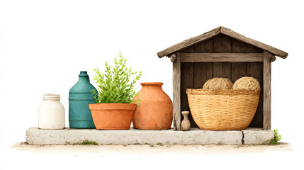 Fototapeta premium Rustic arrangement of clay pots and wooden shelter with green plant