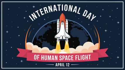 International day of human space flight retro illustration with space shuttle launch banner stars and clouds celebrating science exploration © Icons Queen