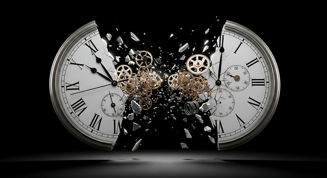 exploding clock with gears and roman numerals on black