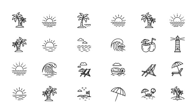 A collection of minimalist beach icons in a flat vector design style