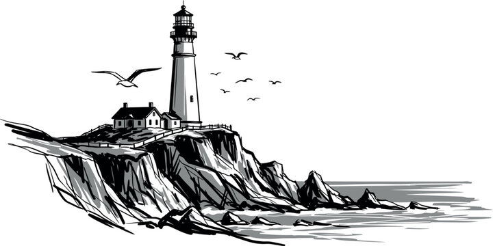 A serene illustration of a lighthouse standing tall on a rugged coastal cliff