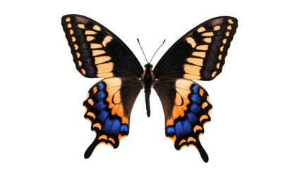 Vibrant swallowtail butterfly with striking orange and blue markings on outstretched wings © Isolde