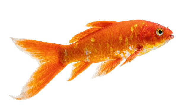 Vibrant orange goldfish swimming in profile, showcasing its graceful fins and spotted scales