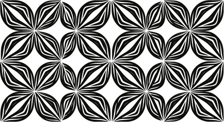 Fototapeta premium Symmetrical black and white petal grid pattern, vector illustration with optical motifs for textiles, wallpapers, and decorative design