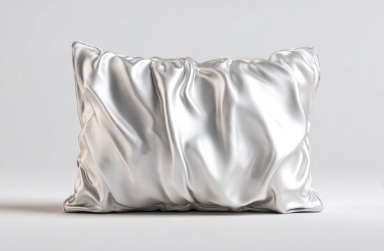 A close-up studio shot presents a rectangular pillow encased in soft, reflective silver fabric, its surface showing delicate folds and creases