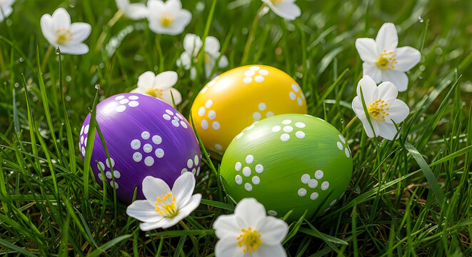Colorful easter eggs in the grass with flowers