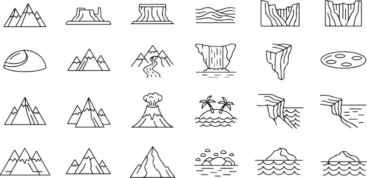 Geological formations and natural landmarks vector line icons. outline elements of mountains, rivers, and islands for web and print.