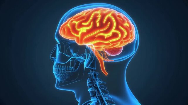 Detailed glowing human brain anatomy with skull and spine xray illustration in blue and orange colors