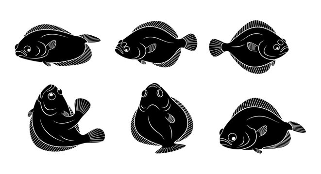 Set of six black and white illustrations of flatfish, sole, flounder, or plaice in different poses