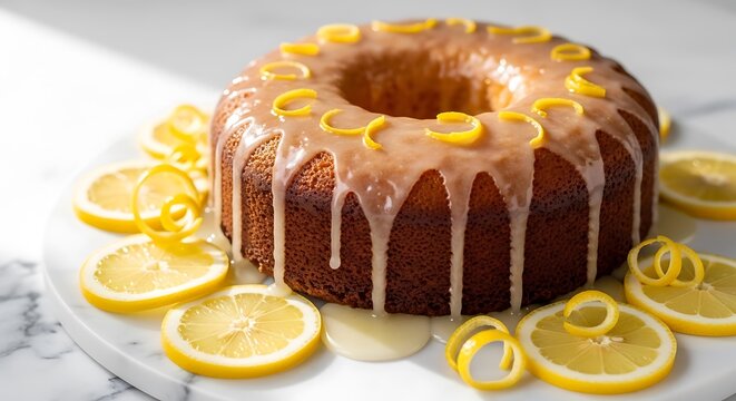 A delicious golden lemon bundt cake topped with a sweet citrus glaze and fresh lemon zest curls. und kuchen