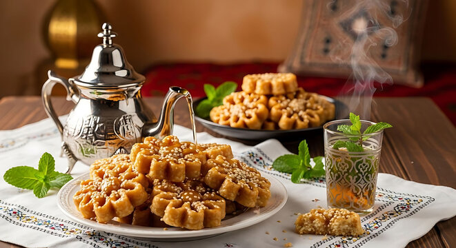 Moroccan mint tea steams beside plates of intricate Chebakia pastries and a silver teapot.