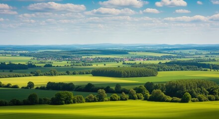 Fototapeta premium Rolling hills and fields under a blue sky