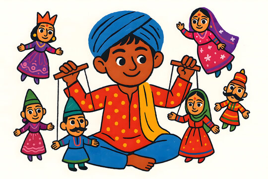 Indian Child Exploring Kathputli Puppetry with Colorful Kidcore Style