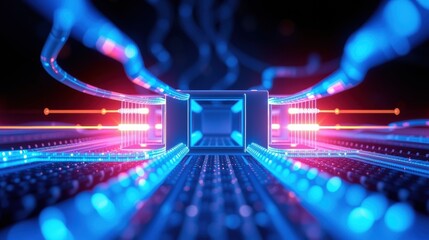 Fototapeta premium Futuristic tunnel. Blue, red lights create digital pathway. Circuitry extends into darkness, suggesting data flow. Abstract, vibrant scene.