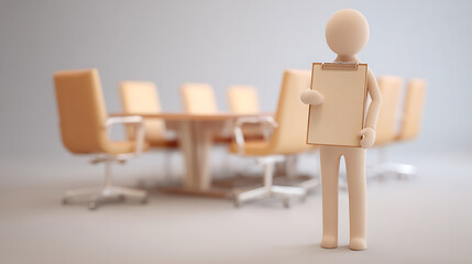 Fototapeta premium Minimalist 3D figurine holding a clipboard in a modern office meeting room, executive business concept, corporate strategy background