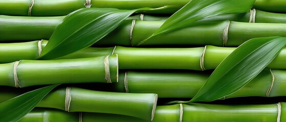 Fototapeta premium Bamboo sticks in a natural arrangement with green leaves showing detailed textures and patterns in a high-resolution setting captured by a Canon EOS R5 camera