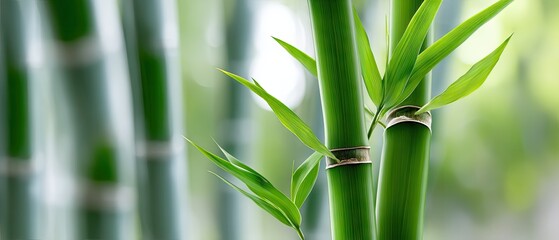 Naklejka premium Bamboo sticks in green rows create an organic pattern with natural texture against a blurred background in high-resolution photography