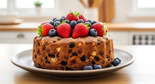 A delicious round fruit cake topped with fresh red strawberries and ripe blueberries on a plate. und kuchen