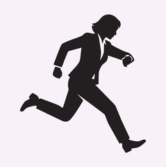 Obraz premium Human silhouette of businessperson running while looking at watch, urgency concept, dynamic motion, clean vector shape, solid black, isolated on white background.