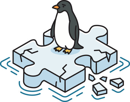 Manual Vector Illustration of Penguin on Melting Iceberg Shaped Like a Puzzle Piece for Climate Change Concept.