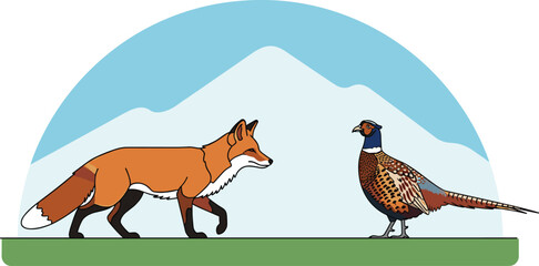 Fototapeta premium Vector Illustration Featuring a Red Fox Stalking a Pheasant Bird in a Meadow with Mountains and Blue Sky Background Scenery