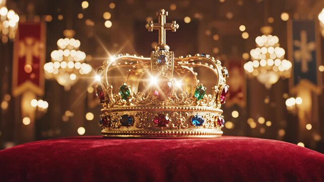 Golden crown with jewels on red cushion