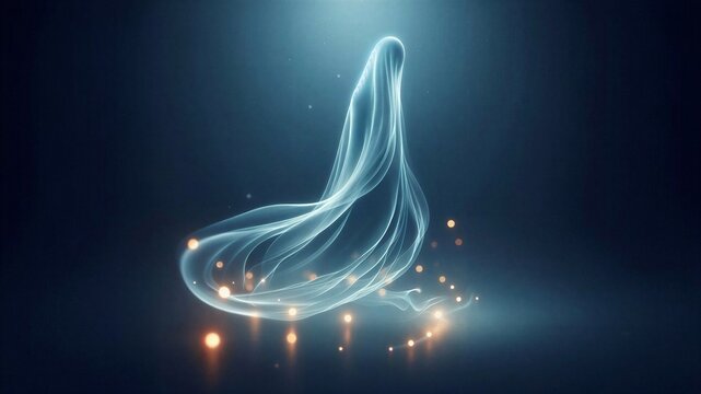 Leuchtende menschliche Gestalt inmitten von Lichtpunkten, blauer Hintergrund