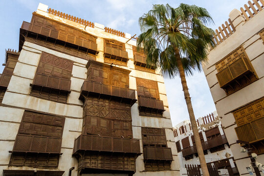 Traditional architecture of old Jeddah town El Balad district houses with wooden windows and balconies Unesco Heritage site in Jeddah Saudi Arabia