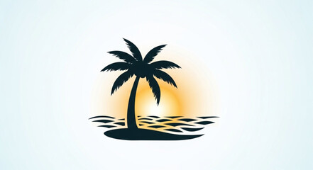Obraz premium Silhouette of a palm tree on a tropical island at sunset.