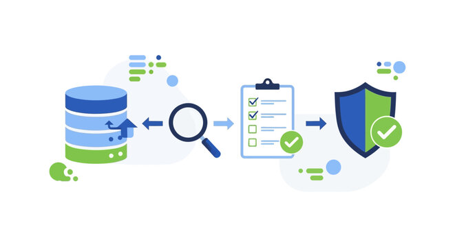 Data Audit, Security & Compliance Workflow Diagram. Database Inspection, Verification Checklist, and Cyber Protection Process Illustration.