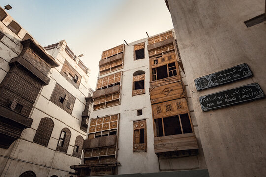 Traditional architecture of old Jeddah town El Balad district houses with wooden windows and balconies Unesco Heritage site in Jeddah Saudi Arabia