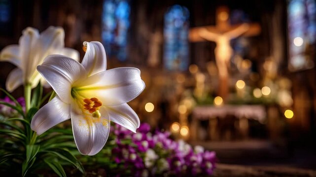 24Close-up of delicate white Easter lilies arranged beside a crucifix on a church altar, soft morning light illuminating the petals, symbol of resurrection and purity in Catholic tra