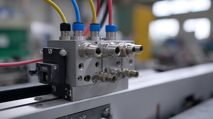 Fototapeta premium Close-up of a complex industrial connector hub with colorful cables, showcasing modern technology and precision engineering in a manufacturing environment