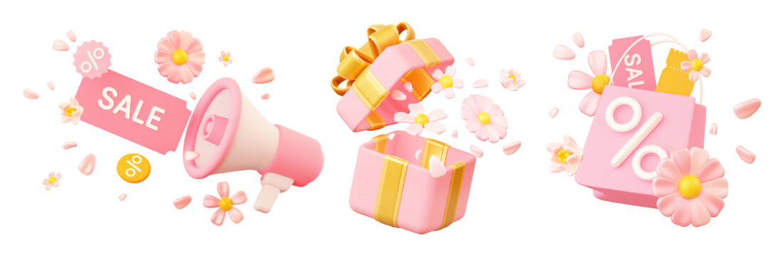 3D spring sale icon set with megaphone gift box shopping bag flowers and discount symbols for retail promotion design