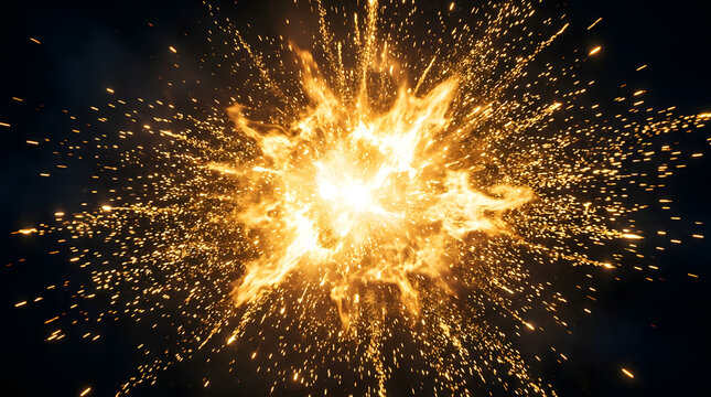 Fiery explosion with golden sparks and glowing fire particles over black background representing powerful energy blast dynamic burst of light and heat for cinematic effects abstract visual element