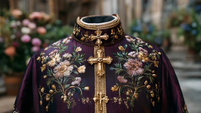 35Close-up of a richly embroidered Easter chasuble with gold crosses and floral patterns, luxurious liturgical fabric textures visible