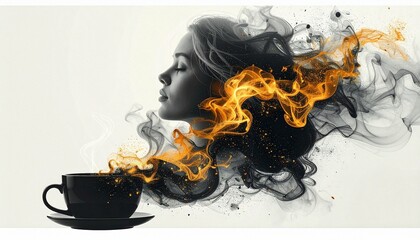 Design für Kaffeewerbung, ein Frauenkopf atmet den Duft von Kaffeedampf ein