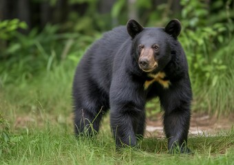Obraz premium A majestic black bear stands in a lush green forest looking directly at the viewer